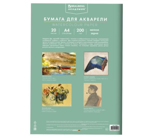 Папка для акварели А4, 20 л., 200 г/м2, 210х297 мм, BRAUBERG АКАДЕМИЯ, 