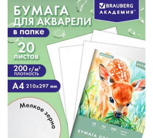 Папка для акварели А4, 20 л., 200 г/м2, 210х297 мм, BRAUBERG АКАДЕМИЯ, 