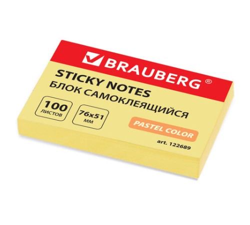 Блок самоклеящийся (стикеры) BRAUBERG, ПАСТЕЛЬНЫЙ, 76х51 мм, 100 листов, желтый, 122689