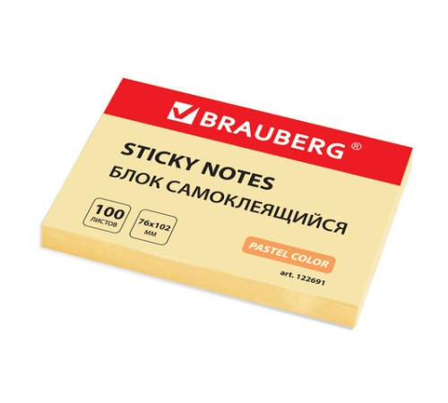 Блок самоклеящийся (стикеры) BRAUBERG, ПАСТЕЛЬНЫЙ, 76х102 мм, 100 листов, желтый, 122691