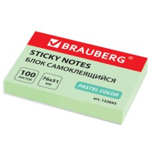 Блок самоклеящийся (стикеры) BRAUBERG, ПАСТЕЛЬНЫЙ, 76х51 мм, 100 листов, зеленый, 122693