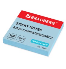 Блок самоклеящийся (стикеры) BRAUBERG, ПАСТЕЛЬНЫЙ, 76х76 мм, 100 листов, голубой, 122695