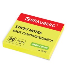Блок самоклеящийся (стикеры), BRAUBERG, НЕОНОВЫЙ, 76х76 мм, 90 листов, желтый, 122702