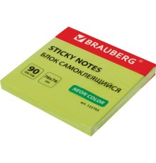 Блок самоклеящийся (стикеры), BRAUBERG, НЕОНОВЫЙ, 76х76 мм, 90 листов, зеленый, 122703