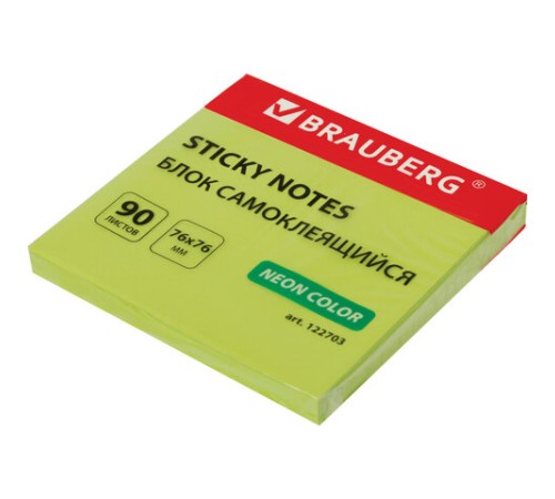 Блок самоклеящийся (стикеры), BRAUBERG, НЕОНОВЫЙ, 76х76 мм, 90 листов, зеленый, 122703