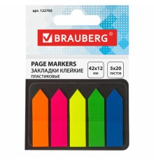 Закладки клейкие неоновые BRAUBERG, 42х12 мм, 100 штук (5 цветов х 20 листов), в картонной книжке, 122705