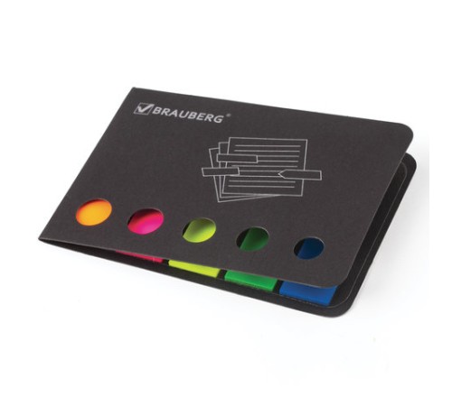 Закладки клейкие неоновые BRAUBERG, 42х12 мм, 100 штук (5 цветов х 20 листов), в картонной книжке, 122705