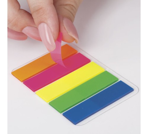 Закладки клейкие неоновые BRAUBERG, 45х12 мм, 100 штук (5 цветов х 20 листов), на пластиковом основании, 122706