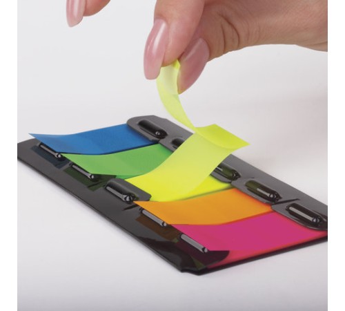 Закладки клейкие неоновые BRAUBERG, 48х20 мм, 100 штук (5 цветов х 20 листов), в пластиковом диспенсере, 122733