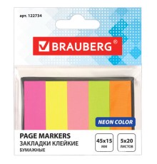 Закладки клейкие неоновые BRAUBERG бумажные, 45х15 мм, 100 штук (5 цветов х 20 листов), в картонной книжке, 122734
