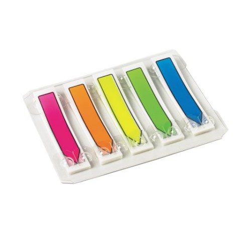 Закладки клейкие неоновые BRAUBERG, 48х10 мм, 100 штук (5 цветов х 20 листов), в пластиковом диспенсере, 122735