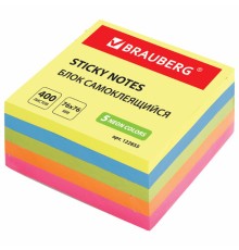 Блок самоклеящийся (стикеры), BRAUBERG, НЕОНОВЫЙ, 76х76 мм, 400 листов, 5 цветов, 122855