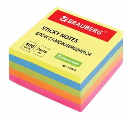 Блок самоклеящийся (стикеры), BRAUBERG, НЕОНОВЫЙ, 76х76 мм, 400 листов, 5 цветов, 122855