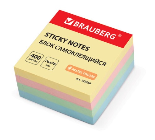 Блок самоклеящийся (стикеры), BRAUBERG, ПАСТЕЛЬНЫЙ, 76х76 мм, 400 листов, 4 цвета, 122856