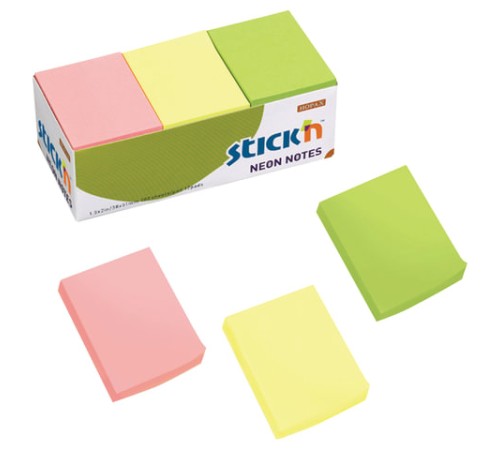 Блоки самоклеящиеся (стикеры) HOPAX, комплект 12 шт., 38х51 мм, 12х100 л., 3 цвета, неон, 21131