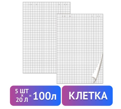 Блокноты для флипчарта ПЛОТНЫЕ 80 г/м2, BRAUBERG, 67,5х98 см, КОМПЛЕКТ 5 шт., 20 л., клетка, 124097