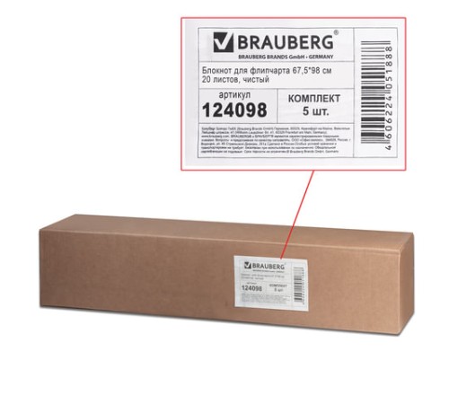 Блокноты для флипчарта ПЛОТНЫЕ 80 г/м2, BRAUBERG, 67,5х98 см, КОМПЛЕКТ 5 шт., 20 л., чистые, 124098