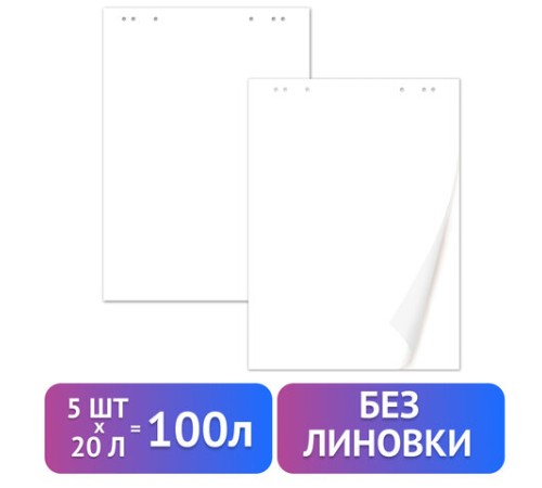 Блокноты для флипчарта ПЛОТНЫЕ 80 г/м2, BRAUBERG, 67,5х98 см, КОМПЛЕКТ 5 шт., 20 л., чистые, 124098