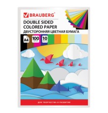 Цветная бумага А4 ТОНИРОВАННАЯ В МАССЕ, 100 листов 10 цветов, склейка, 80 г/м2, BRAUBERG, 210х297 мм, 124715