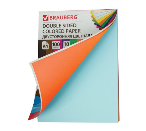 Цветная бумага А4 ТОНИРОВАННАЯ В МАССЕ, 100 листов 10 цветов, склейка, 80 г/м2, BRAUBERG, 210х297 мм, 124715