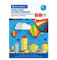 Картон цветной А4 ТОНИРОВАННЫЙ В МАССЕ, 48 листов 12 цветов, склейка, 180 г/м2, BRAUBERG, 210х297 мм, 124744