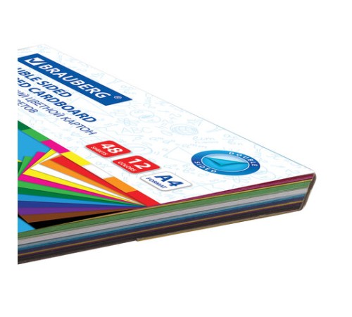 Картон цветной А4 ТОНИРОВАННЫЙ В МАССЕ, 48 листов 12 цветов, склейка, 180 г/м2, BRAUBERG, 210х297 мм, 124744