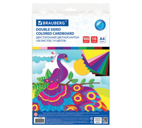 Картон цветной А4 ТОНИРОВАННЫЙ В МАССЕ, 100 листов 10 цветов, 220 г/м2, BRAUBERG, 124745