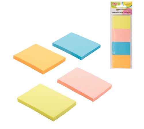 Блок самоклеящийся (стикеры), BRAUBERG, НЕОНОВЫЙ, 38х51 мм, 4 цвета х 50 листов, 124807
