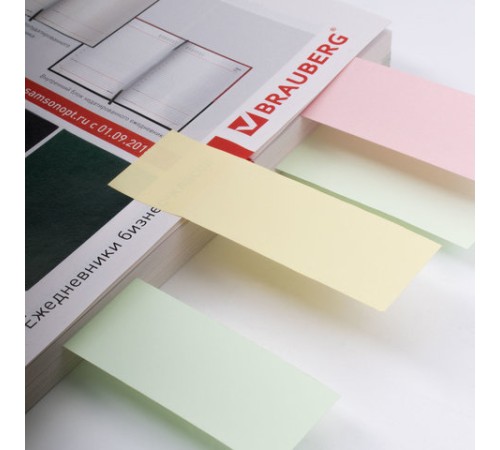 Закладки клейкие пастельные BRAUBERG бумажные, 76х25 мм, 300 штук (3 цвета х 100 листов), европодвес, 124812