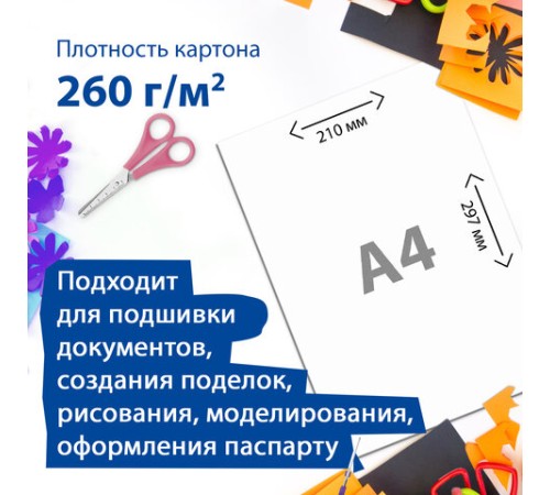 Картон для подшивки документов А4, немелованный, 100 листов, 260 г/м2, BRAUBERG, 210х297 мм, 124877