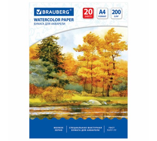 Бумага для акварели А4, 20 л., 200 г/м2, 210х297 мм, BRAUBERG, 