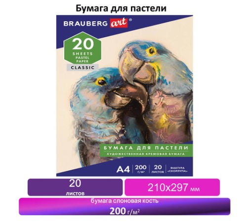 Бумага для пастели А4, 20 л., бумага слоновая кость ГОЗНАК 200 г/м2, тиснение Скорлупа, BRAUBERG ART, 126306