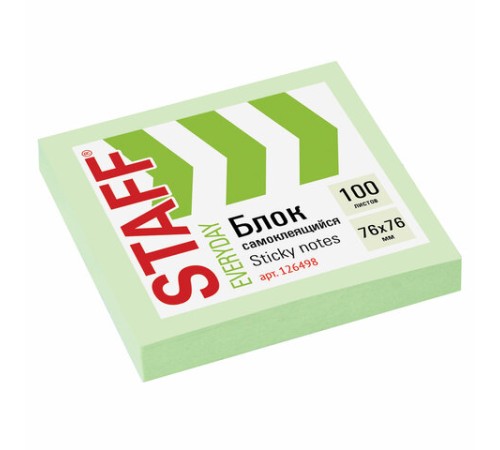 Блок самоклеящийся (стикеры), STAFF, 76х76 мм, 100 листов, зеленый, 126498