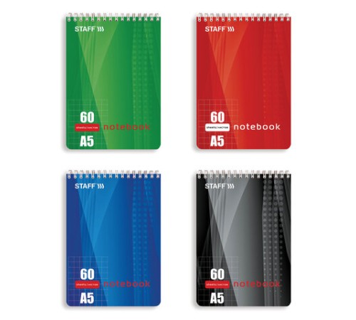Блокнот А5 146х205 мм, 60 л., гребень, жесткая подложка, клетка, STAFF, 4 вида, 126539