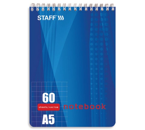 Блокнот А5 146х205 мм, 60 л., гребень, жесткая подложка, клетка, STAFF, 4 вида, 126539