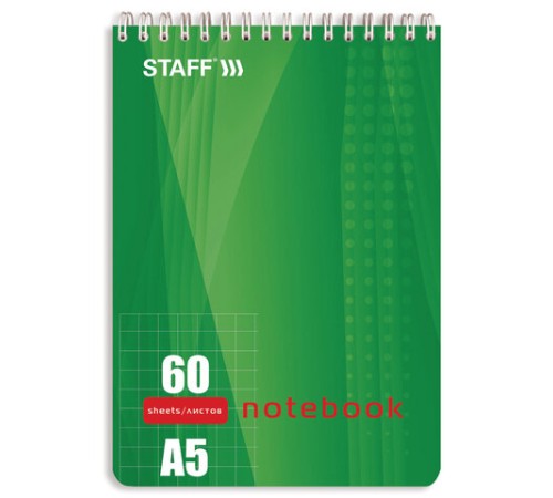 Блокнот А5 146х205 мм, 60 л., гребень, жесткая подложка, клетка, STAFF, 4 вида, 126539