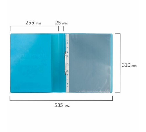 Папка для портфолио школьника, 2 кольца, 20 файлов, пластик, полупрозрачный, синяя, BRAUBERG, 126557