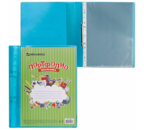 Папка для портфолио школьника, 2 кольца, 20 файлов, пластик, полупрозрачный, синяя, BRAUBERG, 126557