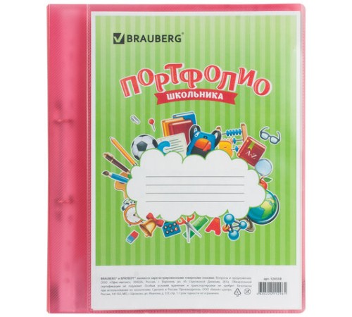 Папка для портфолио школьника, 2 кольца, 20 файлов, пластик полупрозрачный, красная, BRAUBERG, 126558