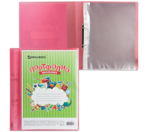 Папка для портфолио школьника, 2 кольца, 20 файлов, пластик полупрозрачный, красная, BRAUBERG, 126558