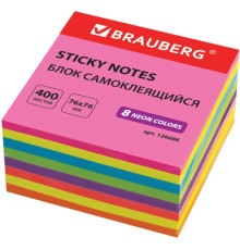 Блок самоклеящийся (стикеры), BRAUBERG, НЕОНОВЫЙ, 76х76 мм, 400 листов, 8 цветов, 126686