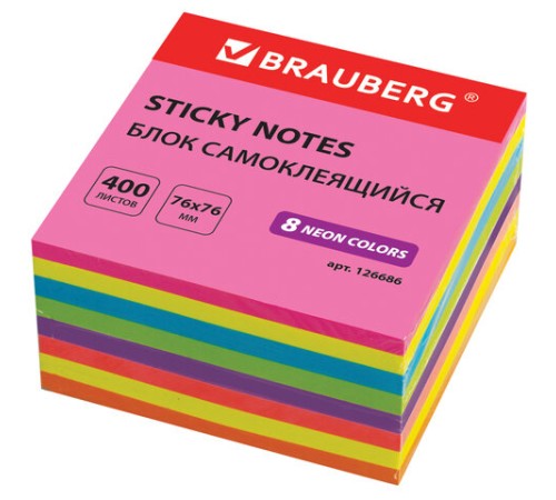 Блок самоклеящийся (стикеры), BRAUBERG, НЕОНОВЫЙ, 76х76 мм, 400 листов, 8 цветов, 126686