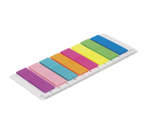 Закладки клейкие неоновые BRAUBERG, 45х12 мм, 200 штук (8 цветов х 25 листов), на пластиковой линейке 12 см, 126700