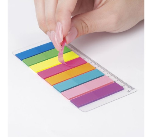 Закладки клейкие неоновые BRAUBERG, 45х12 мм, 200 штук (8 цветов х 25 листов), на пластиковой линейке 12 см, 126700