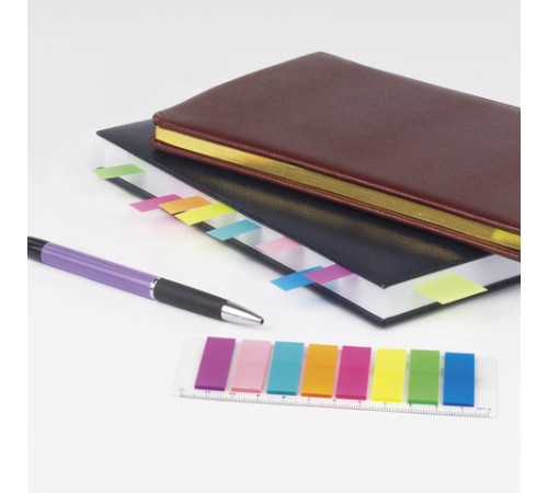 Закладки клейкие неоновые BRAUBERG, 45х12 мм, 200 штук (8 цветов х 25 листов), на пластиковой линейке 12 см, 126700