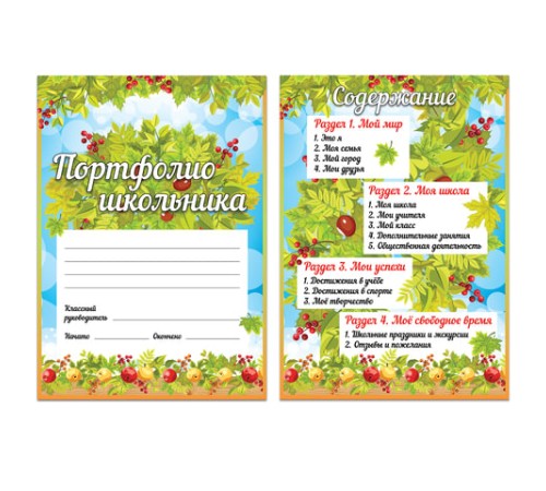 Листы-вкладыши для портфолио школьника, 14 разделов, 16 листов, 