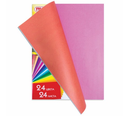 Цветная бумага А4 газетная, 24 листа, 24 цвета, на скобе, ПИФАГОР, 200х283 мм, 