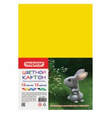 Картон цветной А4 немелованный (матовый), 12 листов 12 цветов, ПИФАГОР, 200х283 мм, 128011