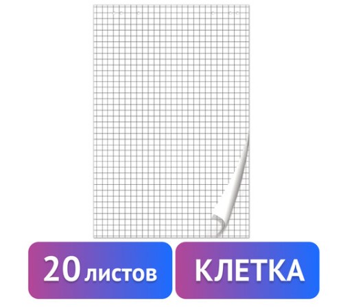 Блокнот для флипчарта ПЛОТНЫЙ 80 г/м2, BRAUBERG, 67,5х98 см, 20 листов, белый (КЛЕТКА), 128645