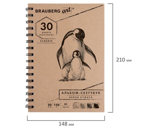 Скетчбук, белая бумага 150 г/м2, 148х210 мм, 30 л., гребень, BRAUBERG ART CLASSIC, 128950
